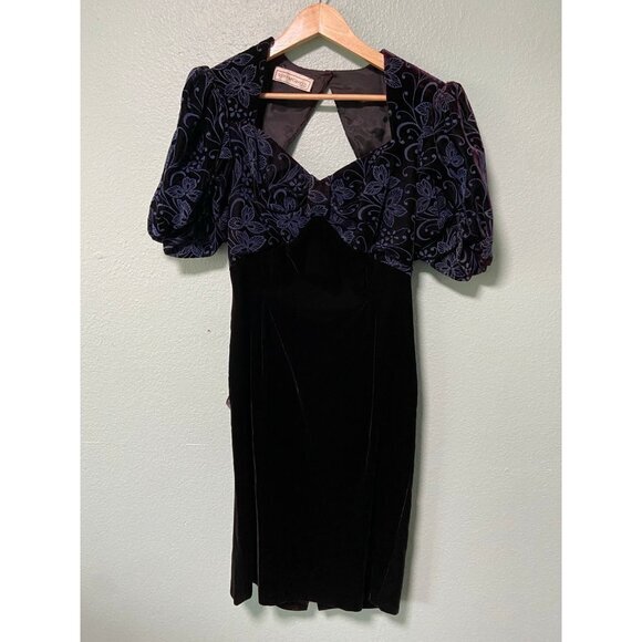 Vintage Scott McClintock‎ Women's Blue and Purple Floral Velvet Open Back Dress - Picture 1 of 12